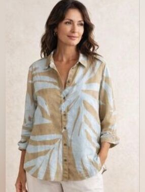 NWT $100 Soft Surroundings Olive Blue Palm Vano Linen Button Down Shirt 1X